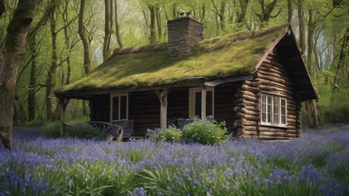 A rustic wooden cabin surrounded by a carpet of bluebells in a shaded, peaceful woodland during spring.