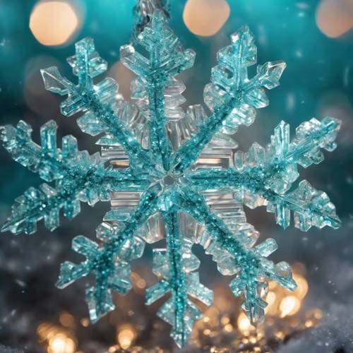 Belo close-up de um floco de neve de cristal, com suas bordas afiadas revestidas com glitter turquesa.