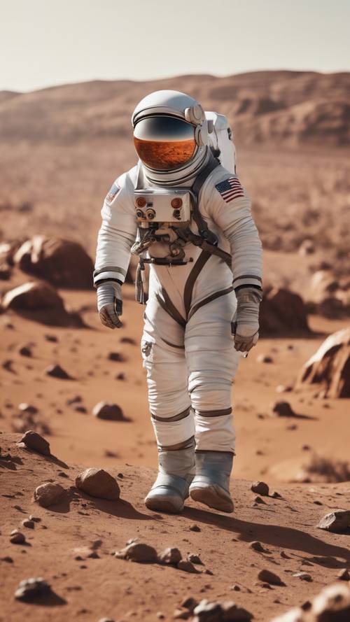 Um astronauta tranquilo e confiante pisando na paisagem árida de Marte.