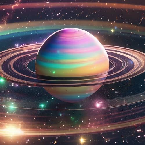 Błyszczący Saturn z tęczowymi pierścieniami w uroczym stylu anime
