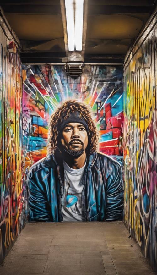Graffiti-style portrait of a famous music artist, painted vividly on a subway tunnel wall