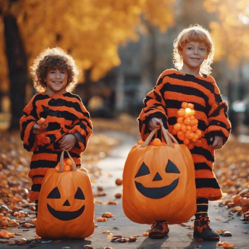 Cadılar Bayramı kostümleri giymiş bir grup çocuk, parlak turuncu balkabağı torbaları şeker yığınlarıyla dolu