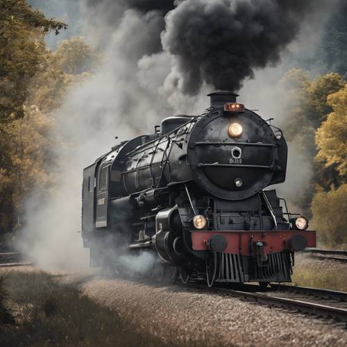 Locomotiva del treno che erutta pennacchi di fumo grigio fuligginoso.