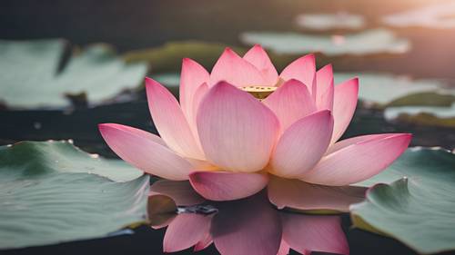 A single bloom of a pink lotus flower floating in a serene pond.