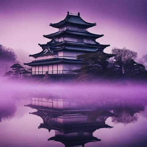 Un portrait d’un ancien château japonais enveloppé d’un majestueux brouillard violet.
