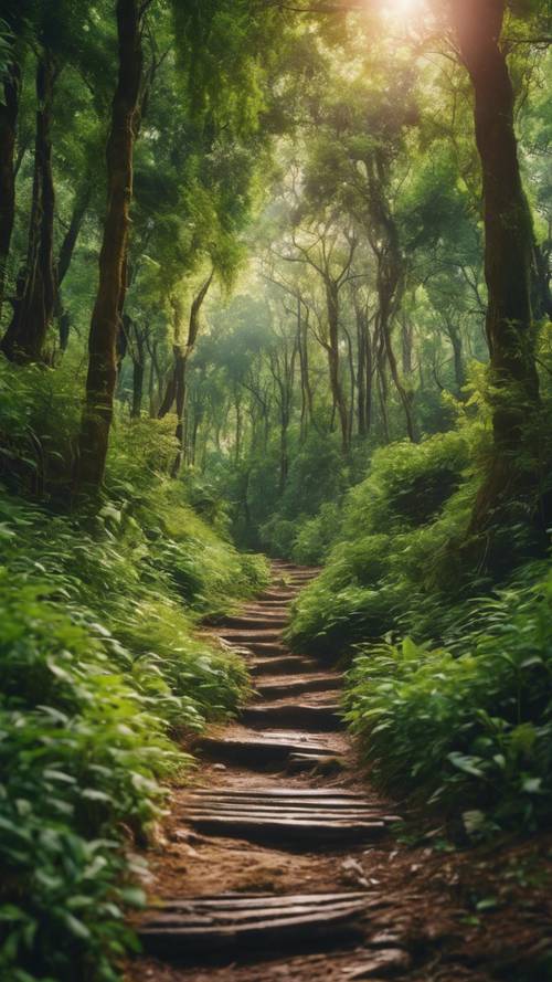 A mountain path weaving through a lush, vibrant and dense forest. Tapeta [84bc51f5768b40aabb73]
