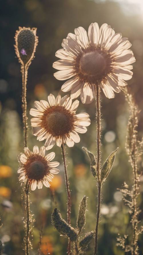 Ein Trio von Boho-Blumen in abstrakten Mustern, die auf einem Feld unter der Sommersonne wachsen.
