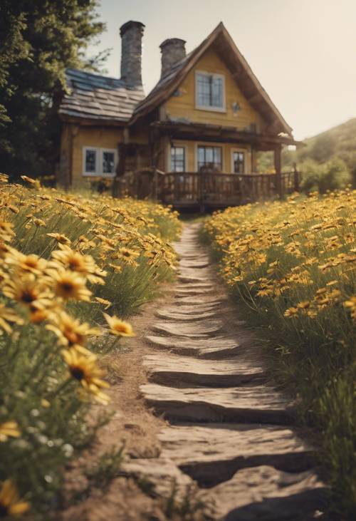 Ein von bezaubernden gelben Gänseblümchen gesäumter Weg führt zu einem gemütlichen rustikalen Cottage.