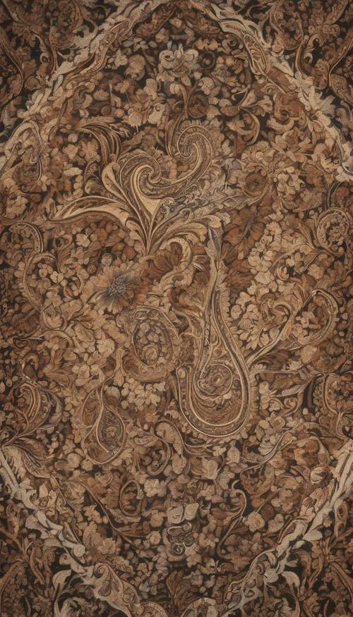 An intricate antique tapestry with brown paisley patterns.