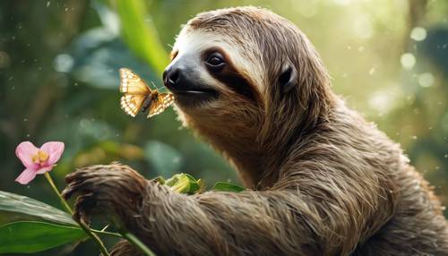 An adorable sloth giving a flower to a small butterfly in the rainforest.