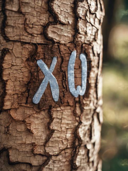 Uma inscrição na casca de uma árvore onde se lê &quot;+&quot;, simbolizando o amor jovem.
