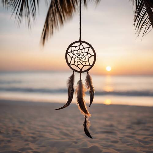 A peaceful beach sunrise, with a dreamcatcher hanging from a nearby palm tree.