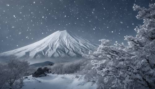 Srebrnoszara japońska góra pod zimnym, czystym, rozgwieżdżonym niebem zimą.