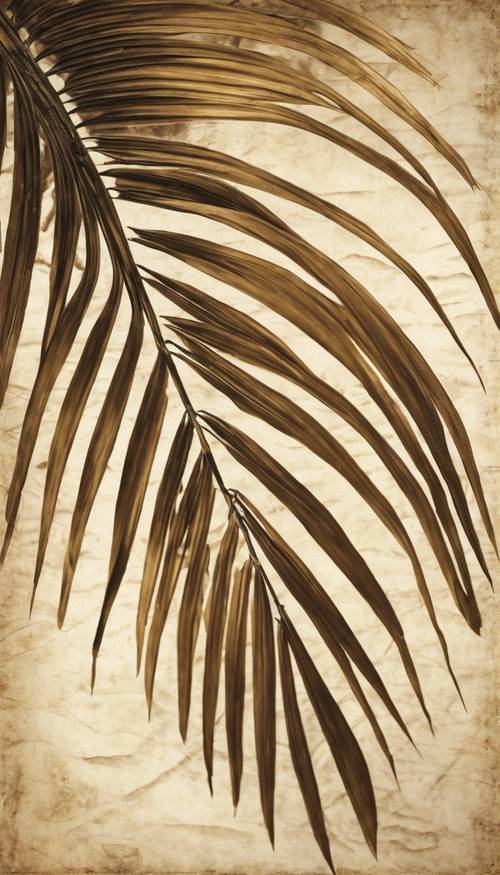 Eine Illustration im Vintage-Stil eines goldenen Palmblattes auf einem alten Pergamenthintergrund.
