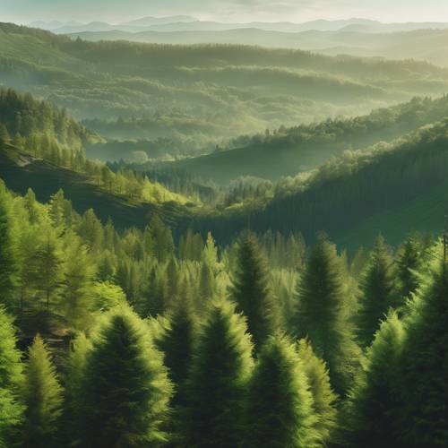 Una vista panoramica di una valle che mette in risalto l&#39;effetto sfumato verde degli alberi, che passano dal verde pino intenso in primo piano al verde salvia chiaro in lontananza.