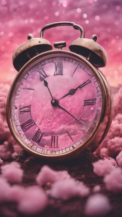 Un paysage onirique où les horloges fondent sous un ciel rose barbe à papa.
