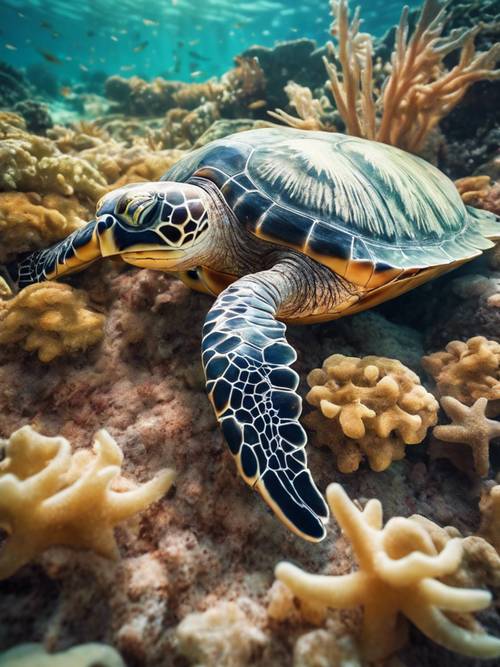 Uma tartaruga marinha navegando por um fundo marinho coberto de estrelas do mar e anêmonas do mar.