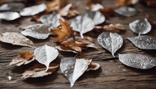 Silver leaves scattered on rustic wooden table, making a serene autumnal scene. Tapéta [04c8bd104eff47018edb]