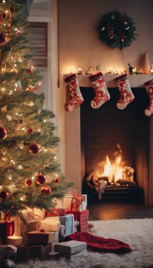 บรรยากาศคริสต์มาสในร่มอันอบอุ่นสบายพร้อมต้นไม้ที่ตกแต่งอย่างสวยงามและถุงน่องที่แขวนข้างกองไฟ