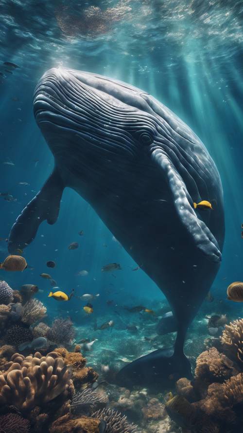 Uma vitrine de iniciativa de uma baleia gigante ajudando criaturas marinhas menores em perigo, demonstrando empatia no reino subaquático.