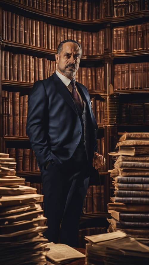 Влиятельный адвокат мафии, окруженный книгами по праву в богато украшенном офисе.