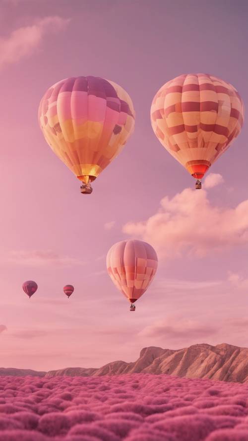 三个热气球漂浮在粉红色柠檬水色的日落天空中