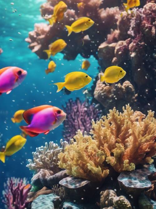 Cena subaquática de um recife de corais com citações estéticas formadas pelos peixes coloridos.