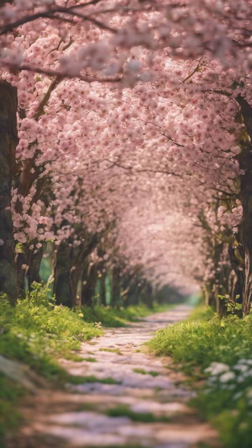 A calming image of a quiet forest path lined with blooming flowers, with 'Make time for tranquility' broadleaf inscribed in between the petals of an especially bright blossom. Tapéta [76f20355df094277890c]