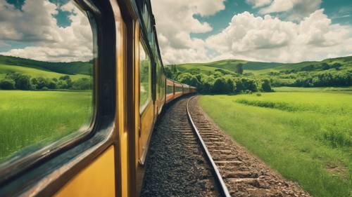 Finestrino di un treno d&#39;epoca, paesaggio esterno pieno di lussureggianti paesaggi verdi che scorrono veloci.