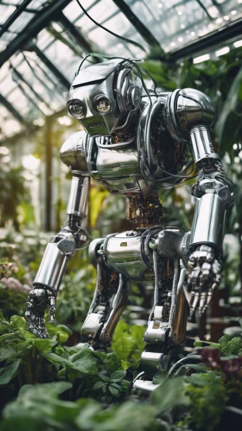 A large, chrome-finished robot tending to a garden inside a high-tech greenhouse, in a world where robotics and nature coexist harmoniously.