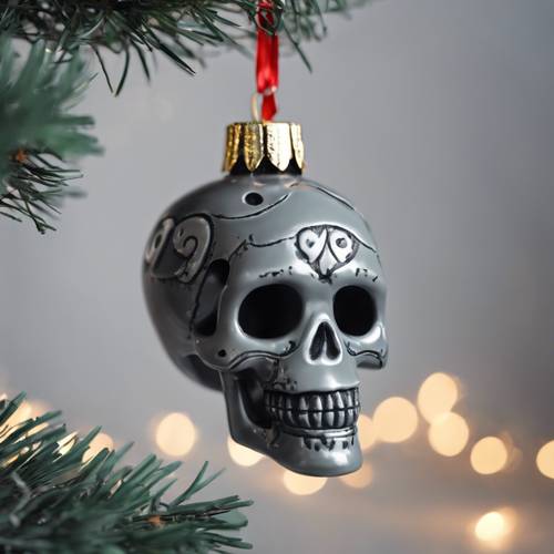 Un conmovedor adorno para árbol de Navidad con forma de calavera festiva de color gris.