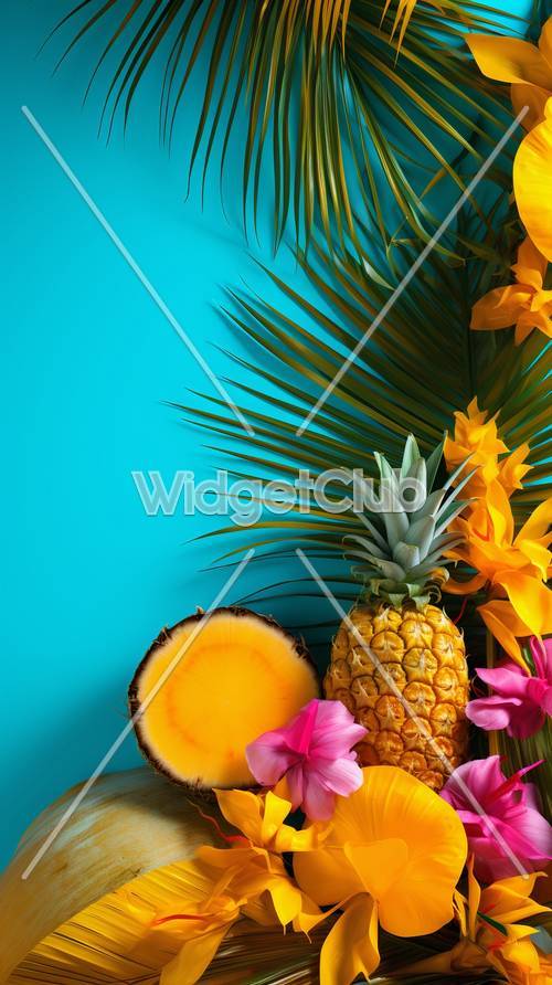 Piña tropical y flores brillantes sobre fondo azul.