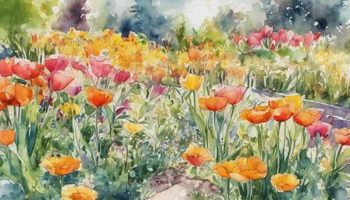 Żywy akwarelowy szkic ogrodu kwiatowego pełnego stokrotek, tulipanów i nagietków.
