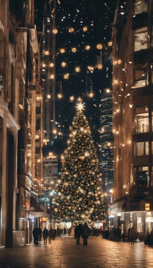 A tranquil Christmas Eve night in a bustling city, with skyscrapers adorned in festive lights, the streets empty and silent, as the city calmly waits for Christmas day to dawn.