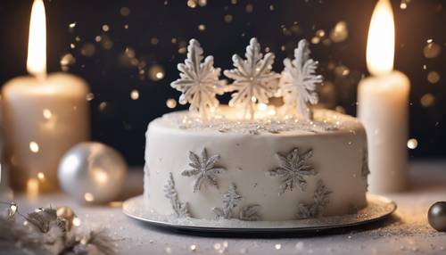 Um bolo de Natal lindamente coberto, cativante com suas requintadas decorações de fondant branco e glitter comestível cintilante sob a suave luz de velas.