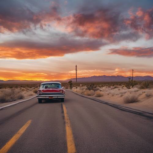 A lonely journey down Route 66 outside Los Angeles, under a burning sunset.