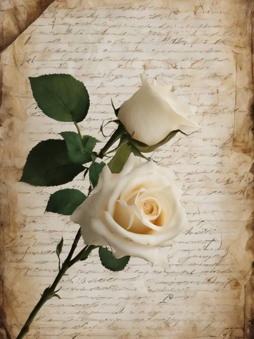 وردة بيضاء على ورق عتيق مع رسائل حب مكتوبة بخط اليد.