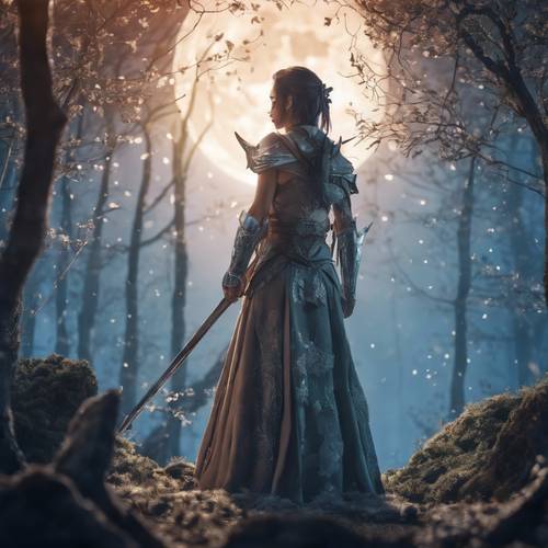 一位動漫戰士公主莊嚴地站在神祕的森林中，沐浴在滿月的光芒下。