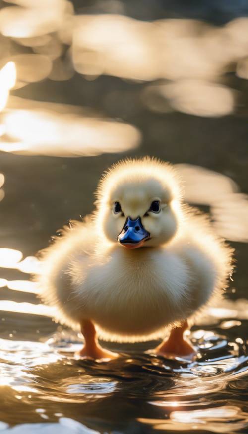 An adorable white baby duckling learning to swim in the sunlight.