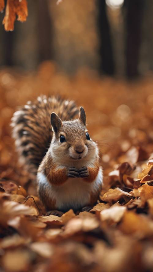 可愛らしい森の動物たちが、さらさらと音を立てる秋の葉の中で木の実を集め、冬に備える様子