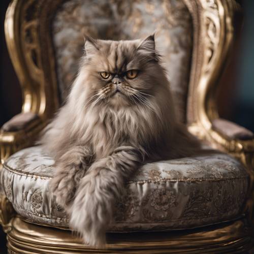 A grumpy old Persian cat sitting in an elegant antique chair. Tapet [b9257d46c6ea478eaa0c]