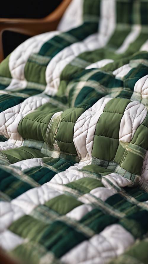 A handcrafted quilt draped over a chair, showcasing a perfect harmony of green plaid patterns.