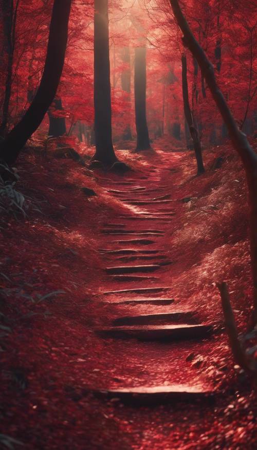 Ein Pfad schlängelt sich durch einen dichten roten Wald, durch den Sonnenstrahlen hindurchdringen