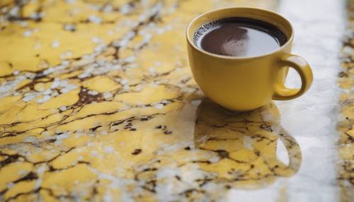 Tampilan dekat bagian atas meja marmer kuning dengan noda cangkir kopi.