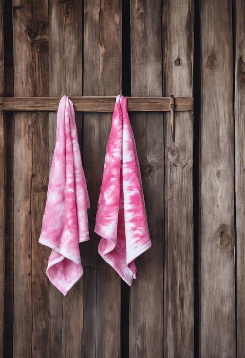 Dwa ręczniki do rąk z różowym wzorem tie-dye wiszące na rustykalnej drewnianej drabinie.