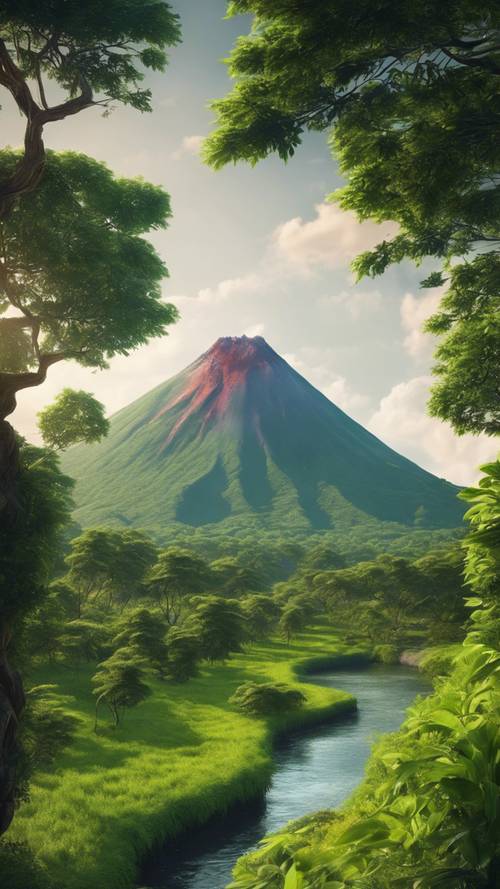 一座风景如画的火山，俯瞰着一条河流和郁郁葱葱的绿色山谷。