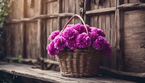 A basket overflowing with purple carnations against the backdrop of a rustic wooden door.