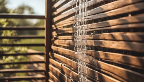 Una refrescante ducha al aire libre en una cabina privada de madera, con luz solar brillante filtrándose a través de las lamas.