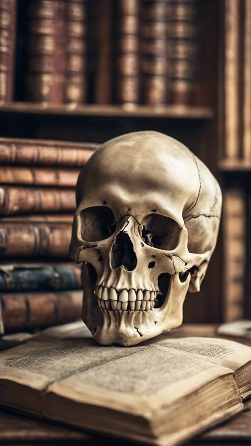Um crânio humano apoiado em um livro antigo em uma biblioteca empoeirada. Papel de parede [e3084b863cf540a89b2a]