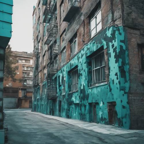 Un ambiente urbano con edifici dipinti con motivi mimetici verde acqua.